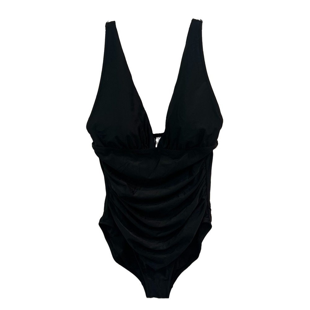J.Crew Factory One Piece Swimsuit Women'sLarge Black V-Neck Ruched Plunge NEW